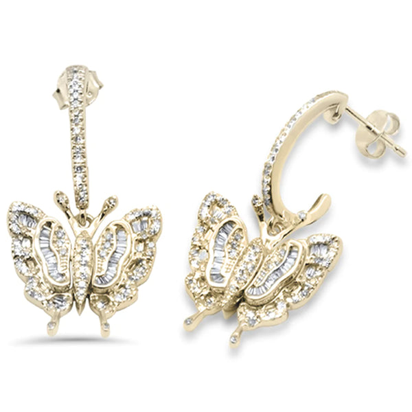 14K Yellow Gold Round & Baguette Diamond Butterfly Dangling Earrings