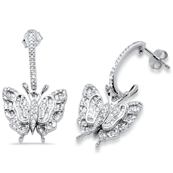 14K Yellow Gold Round & Baguette Diamond Butterfly Dangling Earrings