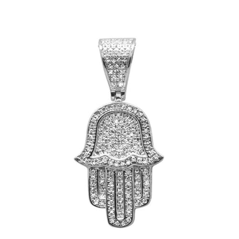 14K White Gold Diamond Micro Pave Iced Out Hand Of Hamsa Charm Pendant