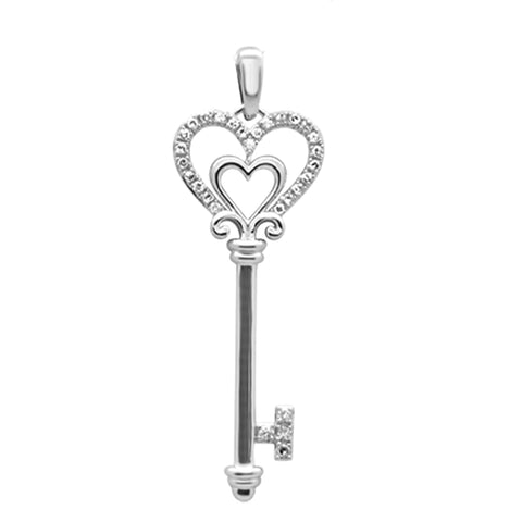 14K White Gold Diamond Heart Key Pendant