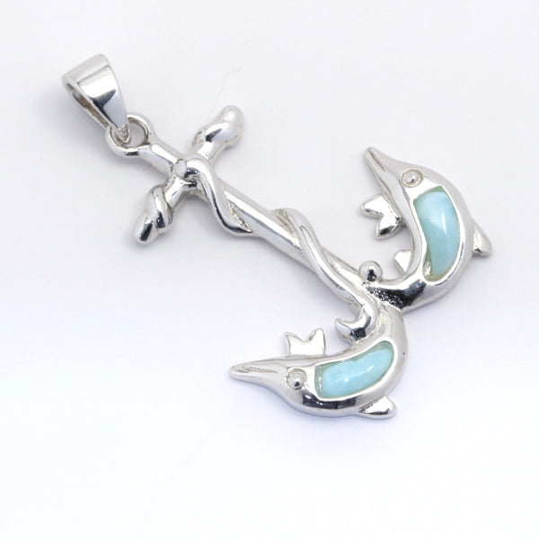 TWIN DOLPHIN ANCHOR INLAY LARIMAR PENDANT