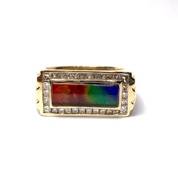 RECTANGULAR SHAPE MEN’S AMMOLITE RING WITH DIAMONDS