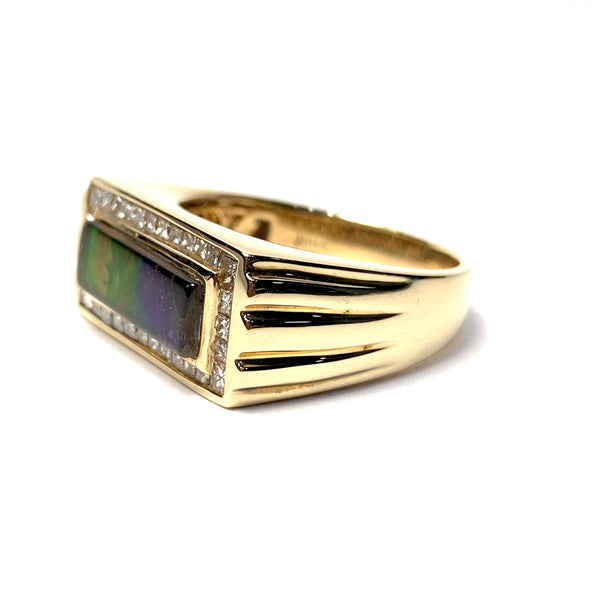 RECTANGULAR SHAPE MEN’S AMMOLITE RING WITH DIAMONDS