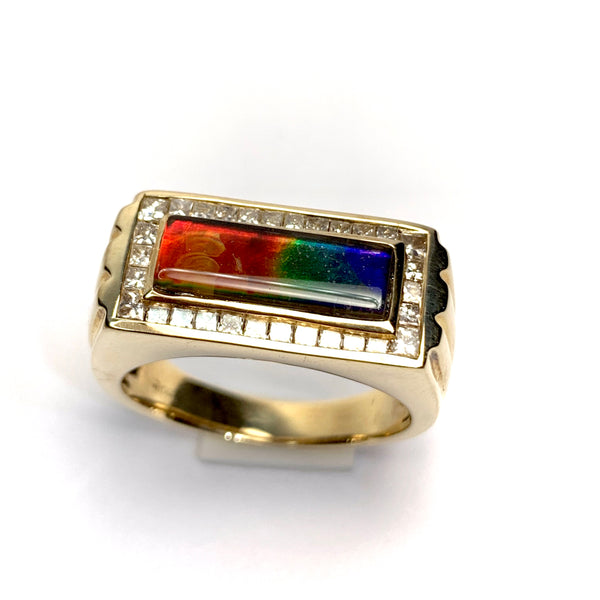 RECTANGULAR SHAPE MEN’S AMMOLITE RING WITH DIAMONDS