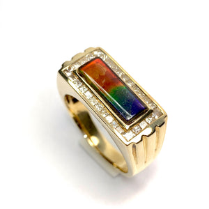 RECTANGULAR SHAPE MEN’S AMMOLITE RING WITH DIAMONDS