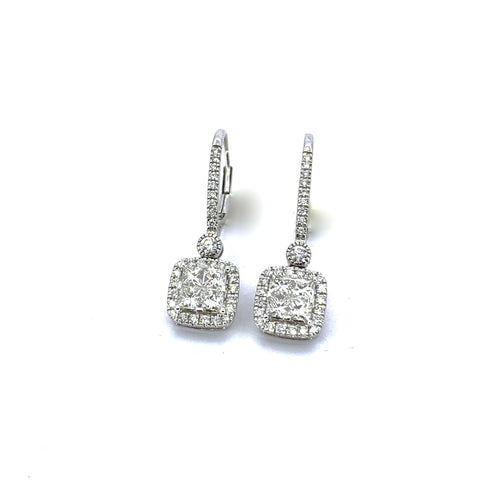 PRINCESS CUT LEVER BACK HALO DIAMOND EARRINGS