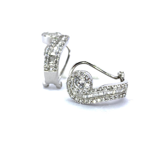 BAGUETTE AND ROUND CUT DIAMOND OMEGA BACK EARRINGS