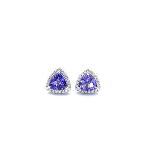 TRILLION CUT TANZANITE AND DIAMOND HALO EARRINGS