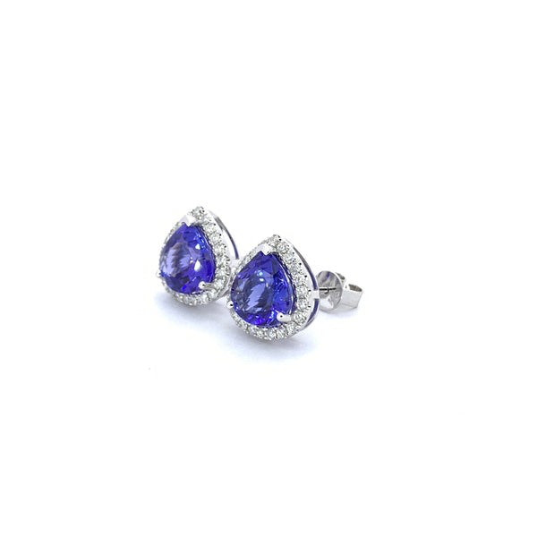 ROUNDED PEAR SHAPE TANZANITE AND DIAMOND HALO EARRINGS