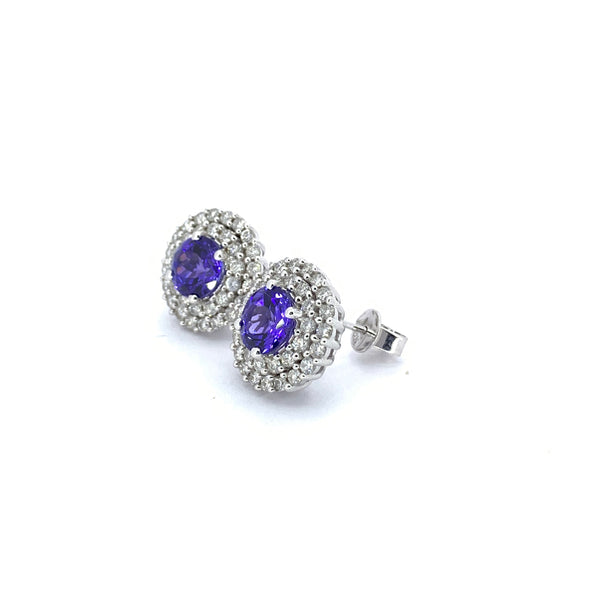 ROUND CUT TANZANITE AND DIAMOND HALO EARRINGS