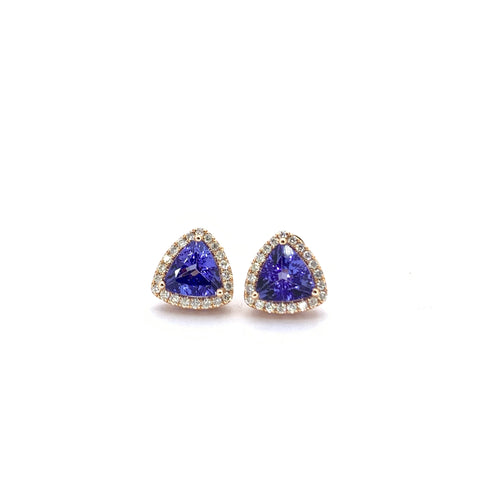 TRILLION CUT TANZANITE AND DIAMOND HALO EARRINGS