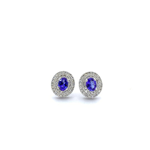 OVAL SHAPE TANZANITE AND DIAMOND DOUBLE HALO EARRINGS