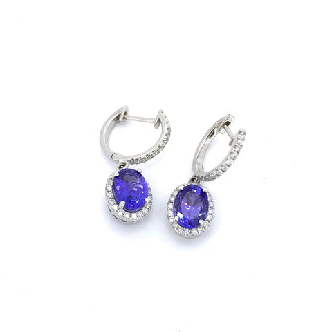 OVAL SHAPE TANZANITE AND DIAMOND HALO DROP EARRINGS