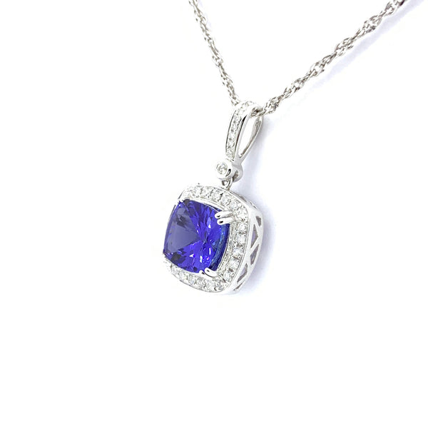 CUSHION CUT TANZANITE AND DIAMOND HALO PENDANT