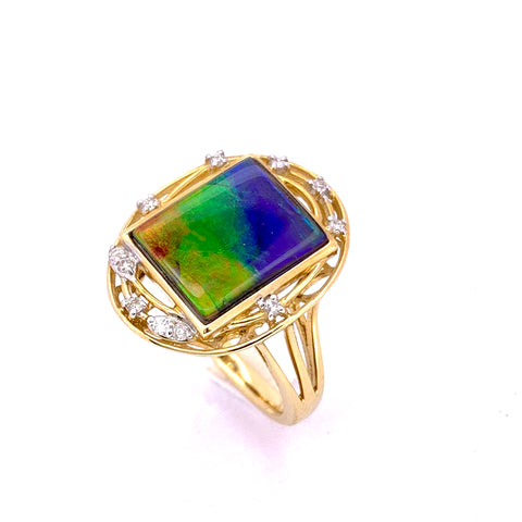 SQUARE SHAPE AMMOLITE AND DIAMOND RING
