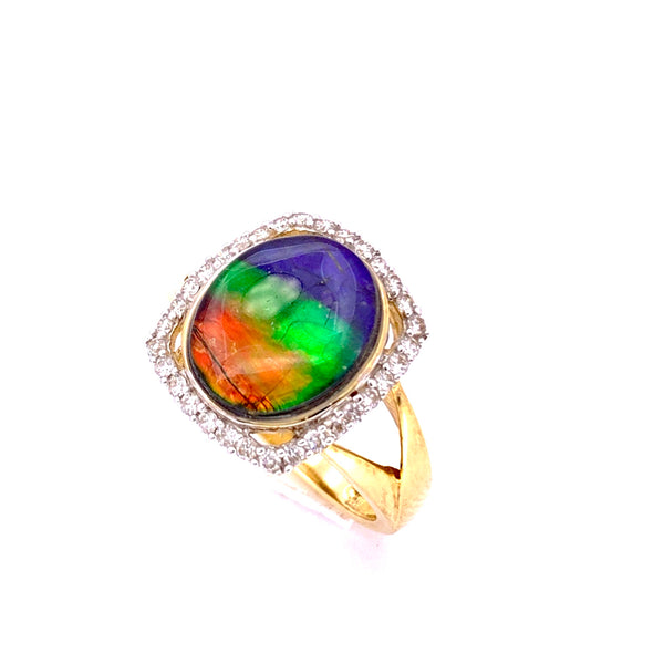 OVAL SHAPE AMMOLITE AND DIAMOND RING