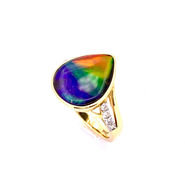 PEAR SHAPE AMMOLITE AND DIAMOND RING