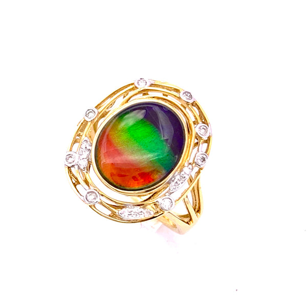 OVAL SHAPE AMMOLITE AND DIAMOND RING