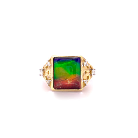 SQUARE SHAPE AMMOLITE AND DIAMOND RING