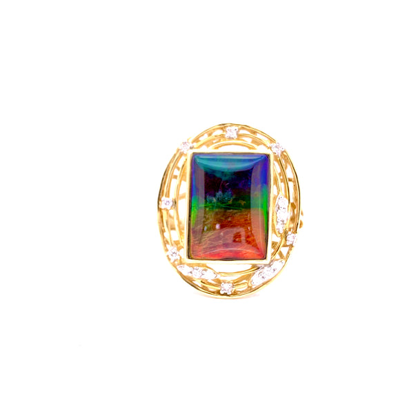 RECTANGULAR SHAPE AMMOLITE AND DIAMOND RING