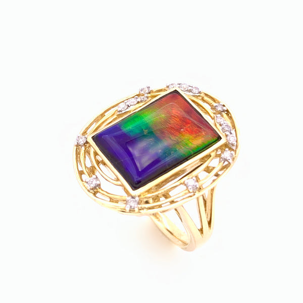 RECTANGULAR SHAPE AMMOLITE AND DIAMOND RING