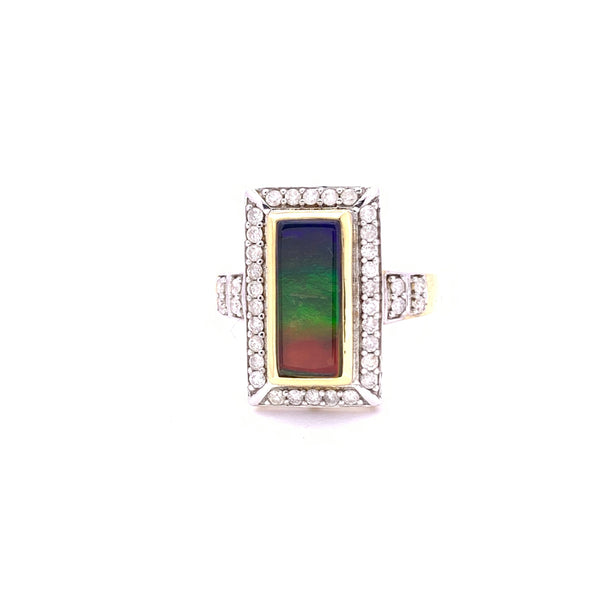 RECTANGLE SHAPE AMMOLITE AND DIAMOND RING