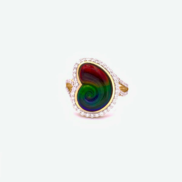 AMMONITE SHAPE AMMOLITE AND DIAMOND RING