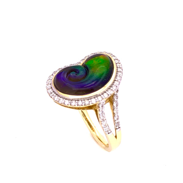 AMMONITE SHAPE AMMOLITE AND DIAMOND RING