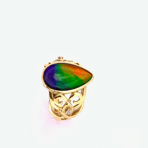 PEAR SHAPE AMMOLITE AND DIAMOND RING