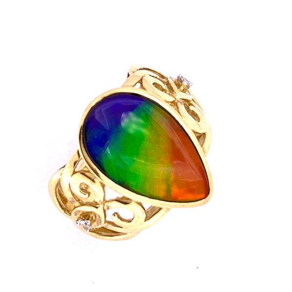PEAR SHAPE AMMOLITE AND DIAMOND RING