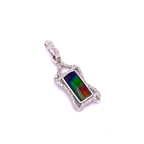 RECTANGULAR SHAPE AMMOLITE AND DIAMOND PENDANT IN WHITE GOLD