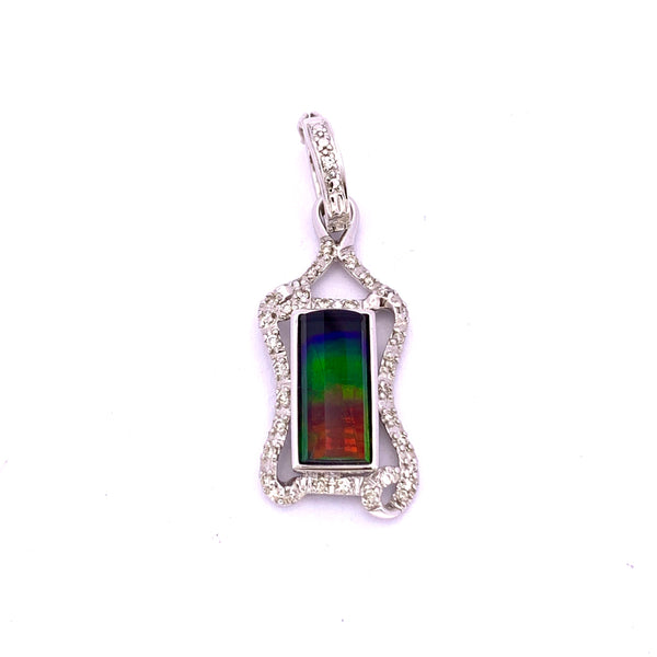 RECTANGULAR SHAPE AMMOLITE AND DIAMOND PENDANT IN WHITE GOLD