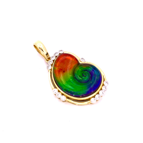 AMMONITE SHAPE AMMOLITE AND DIAMOND PENDANT