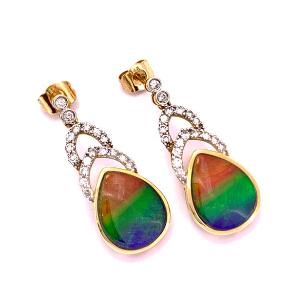 GORGEOUS! PEAR SHAPE AMMOLITE AND DIAMOND DANGLE EARRINGS