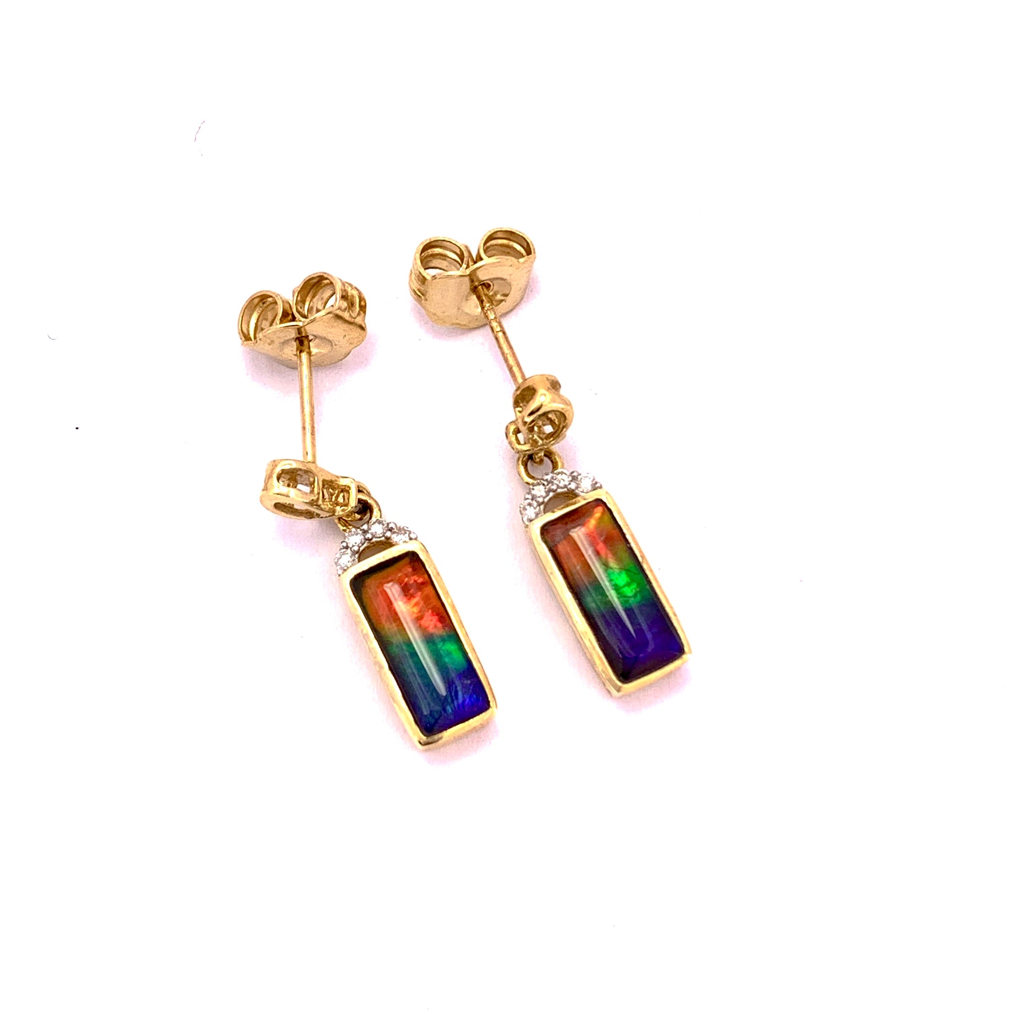 RECTANGULAR SHAPE AMMOLITE AND DIAMOND DANGLE EARRINGS