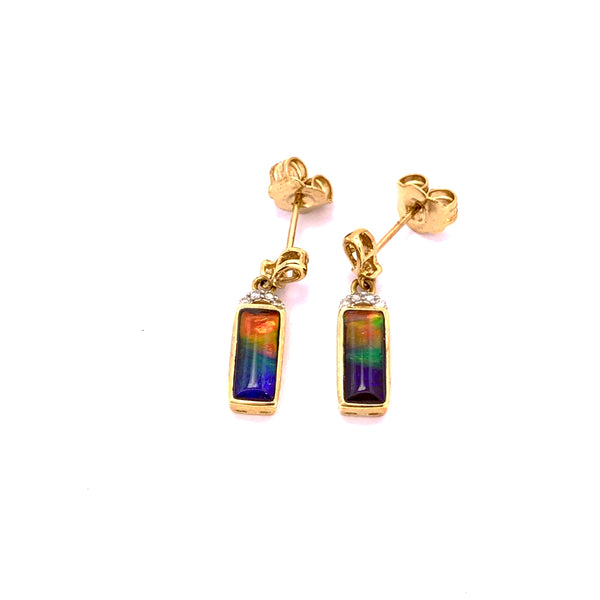 RECTANGULAR SHAPE AMMOLITE AND DIAMOND DANGLE EARRINGS