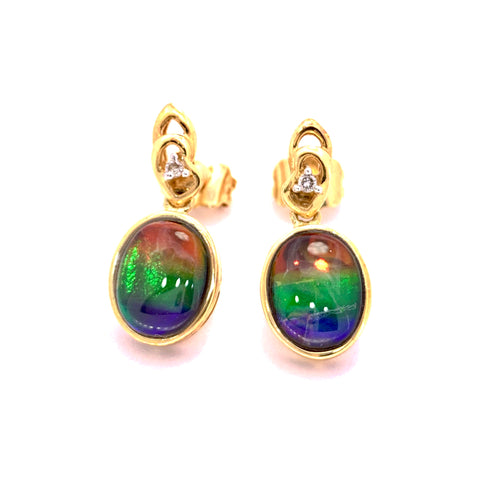 OVAL SHAPE AMMOLITE AND DIAMOND DANGLE EARRINGS
