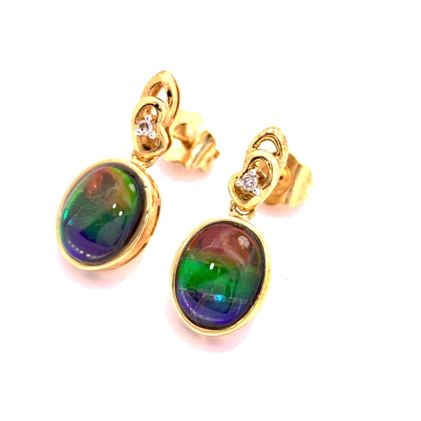 OVAL SHAPE AMMOLITE AND DIAMOND DANGLE EARRINGS
