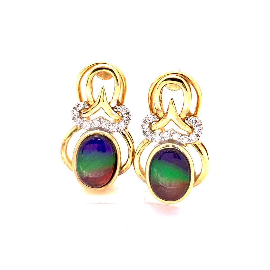 OVAL SHAPE AMMOLITE AND DIAMOND OMEGA BACK EARRINGS – Exotic Gems