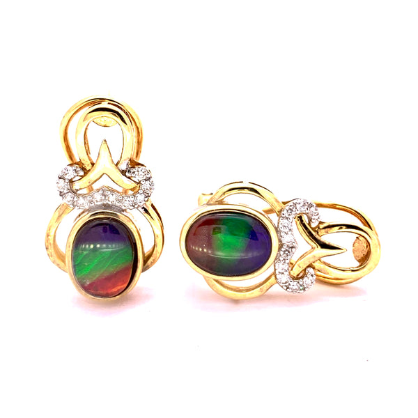 OVAL SHAPE AMMOLITE AND DIAMOND OMEGA BACK EARRINGS