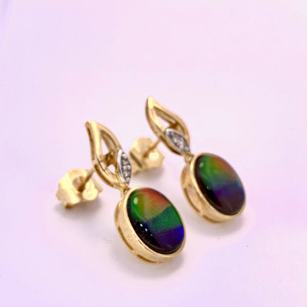OVAL SHAPE AMMOLITE AND DIAMONDS DANGLE EARRINGS
