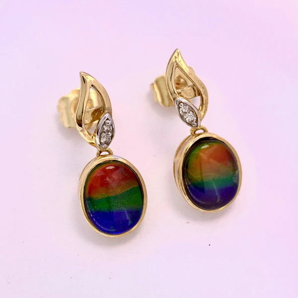 OVAL SHAPE AMMOLITE AND DIAMONDS DANGLE EARRINGS