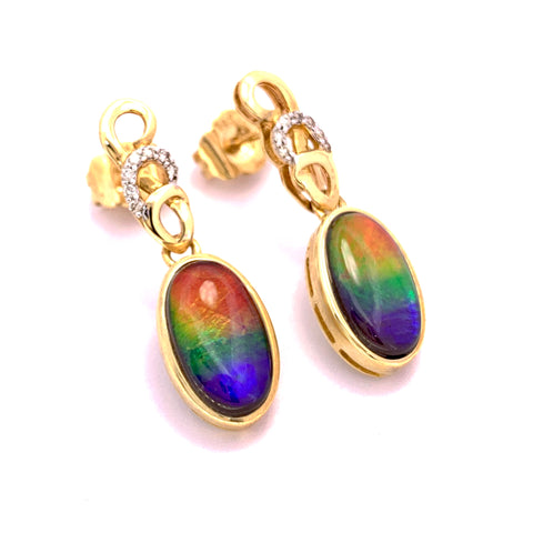 OVAL SHAPE AMMOLITE AND DIAMOND DANGLE EARRINGS