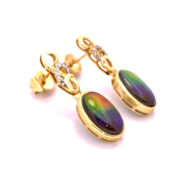 OVAL SHAPE AMMOLITE AND DIAMOND DANGLE EARRINGS