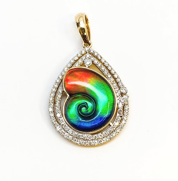 AMMONITE SHAPE AMMOLITE PENDANT WITH DIAMONDS