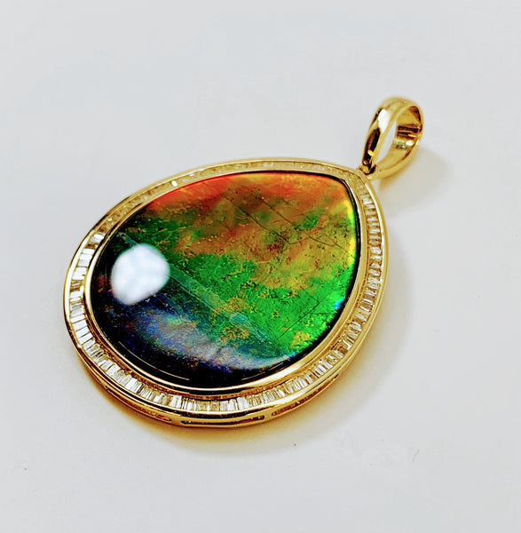 PEAR SHAPE AMMOLITE AND DIAMOND PENDANT