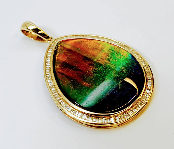 PEAR SHAPE AMMOLITE AND DIAMOND PENDANT