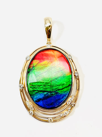 STUNNING! OVAL SHAPE AMMOLITE AND DIAMOND PENDANT