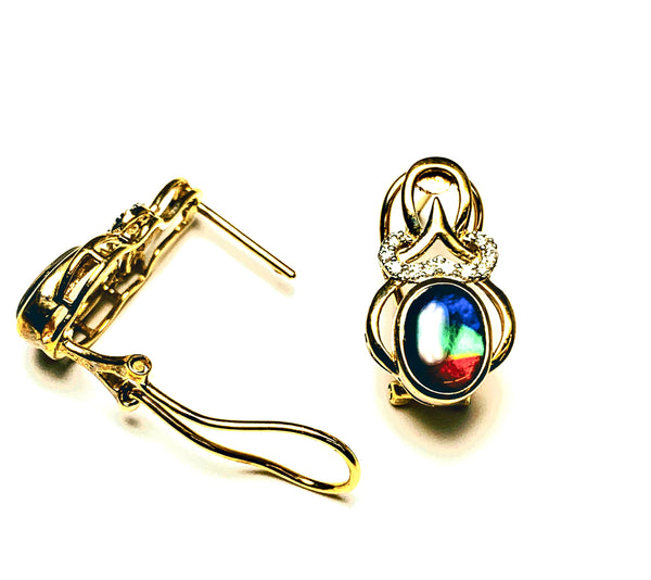 OVAL SHAPE AMMOLITE AND DIAMOND OMEGA BACK EARRINGS
