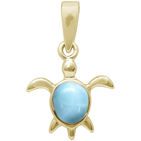 Yellow Gold Plated Natural Larimar Turtle Pendant